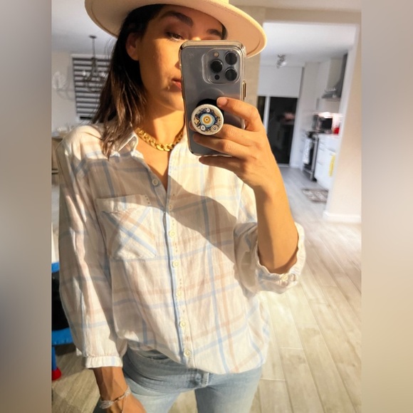 Free‎ People White Plaid Button Down Shirt - Picture 2 of 3